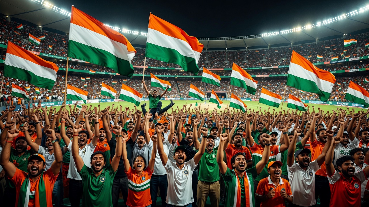 Passionate Indian cricket fans holding national flags and cheering in grandstands