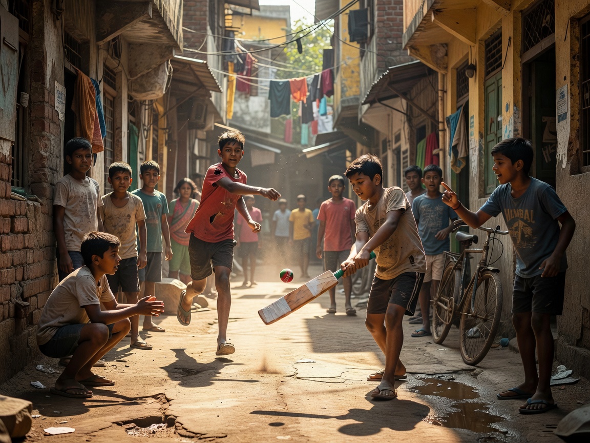 Kids and youth playing street tape-ball cricket in a narrow alley in India