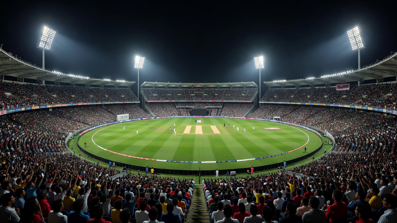 Crowded cricket stadium illuminated under floodlights in India