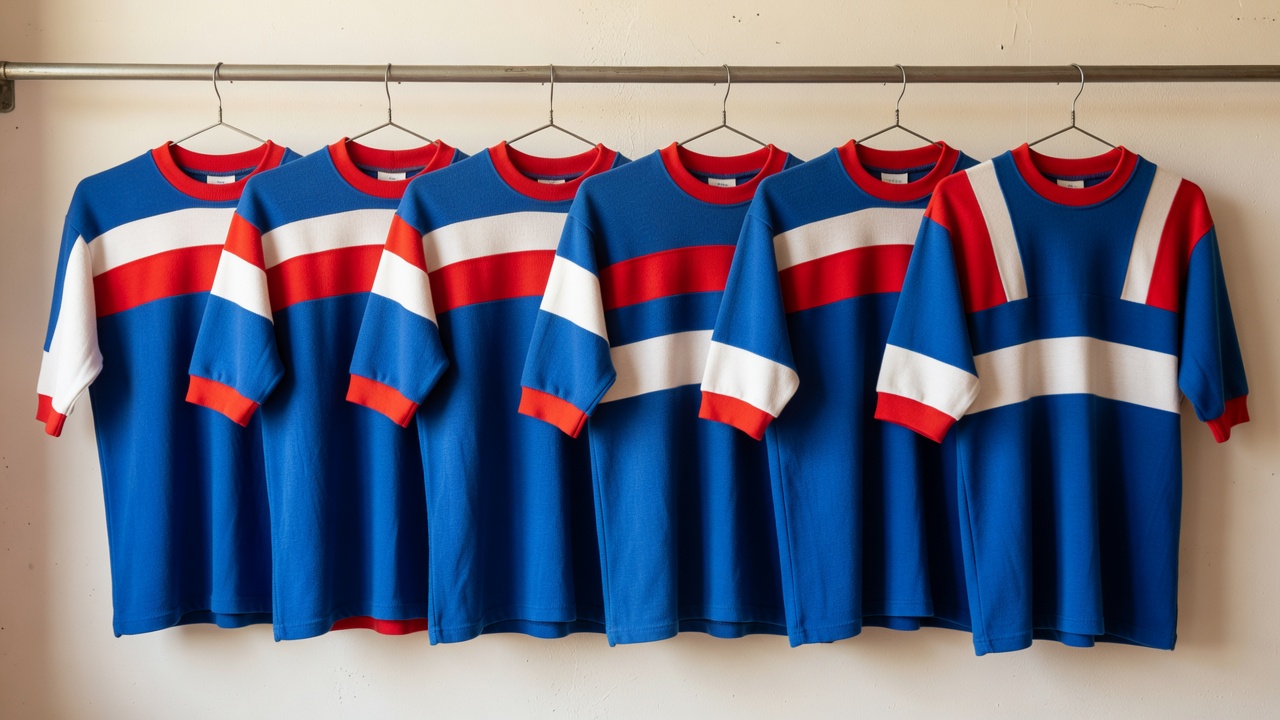 Collection of classic blue cricket jerseys laid out across a sports bench